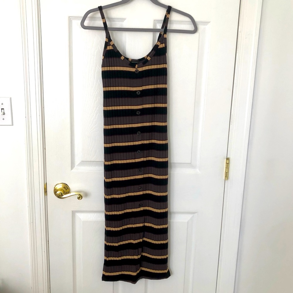 Midi Button Up Brown Stripe Bodycon Knit Dress Medium